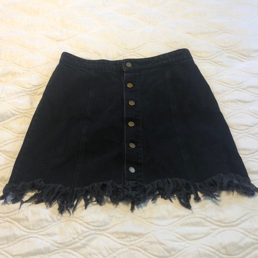 Black Denim Frayed Skirt